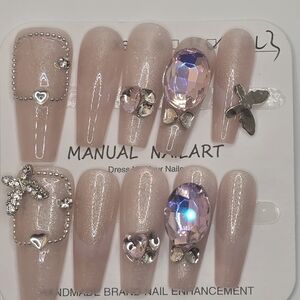 Medium Press-On Nails color cream/blush/light pink with Rhinestones charms-M15